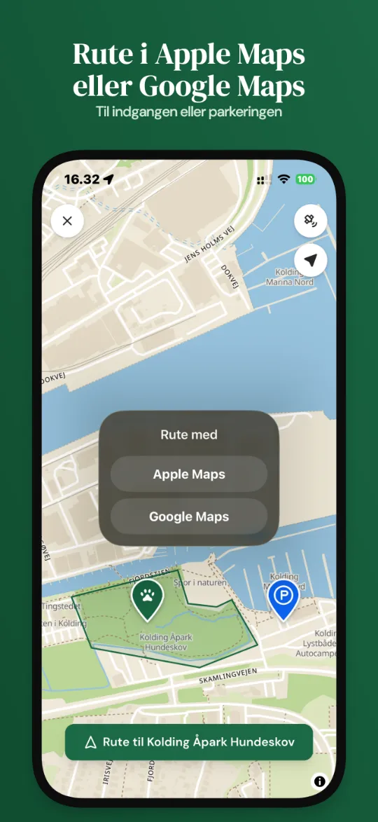 Rute i Apple Maps eller Google Maps - til indgangen eller parkeringen